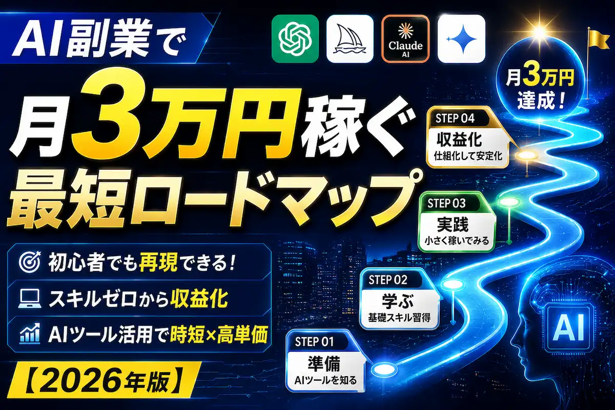AI副業で月3万円を目指す初心者向けロードマップを表現した近未来風サムネイル画像