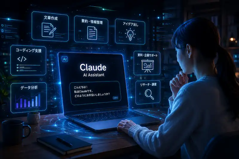 Claude初心者向けガイドをイメージした未来感のあるAI画像