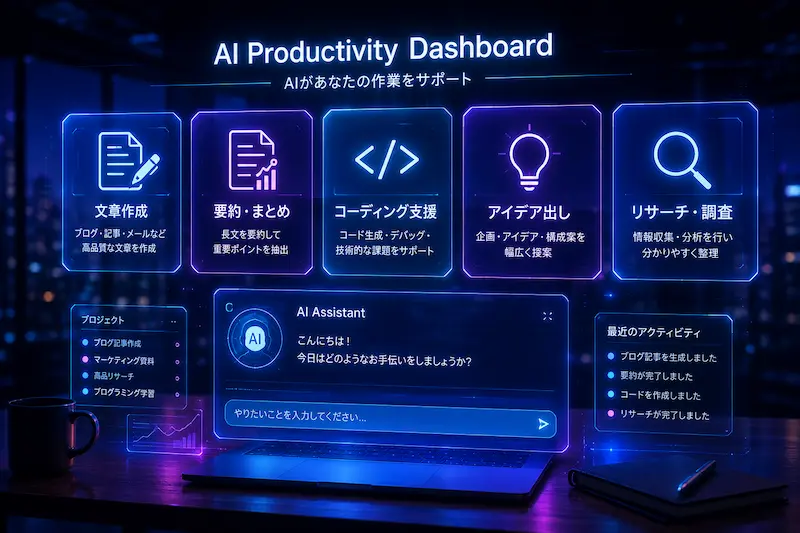 Claudeでできることを表現した近未来AIイメージ