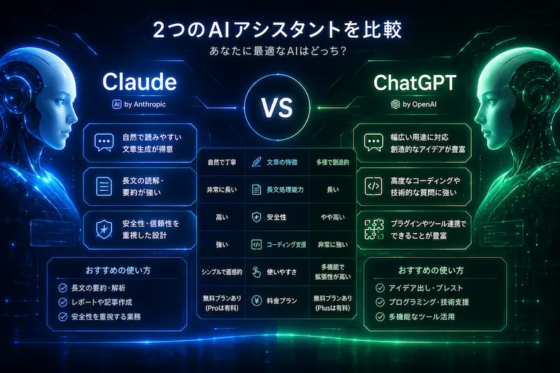 ClaudeとChatGPTの違いを比較する未来感あるイメージ画像